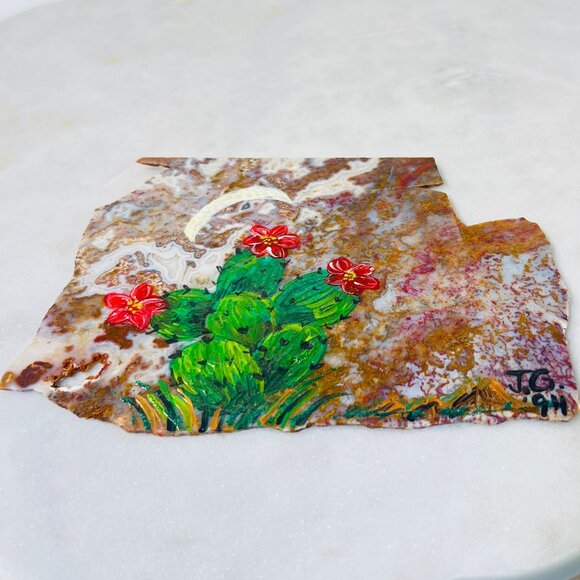Vtg Hand-Painted Cactus Artwork On Natural Stone Moss Agate Slab With wood Stand - Picture 3 of 4